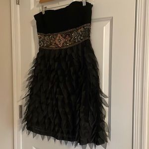 Sue Wong silk beaded dress with delicate fabric feathers.